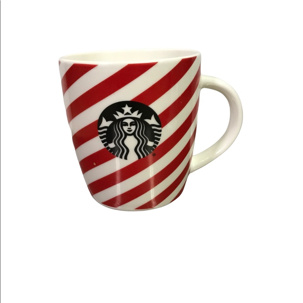 A red &white striped Starbucks mug